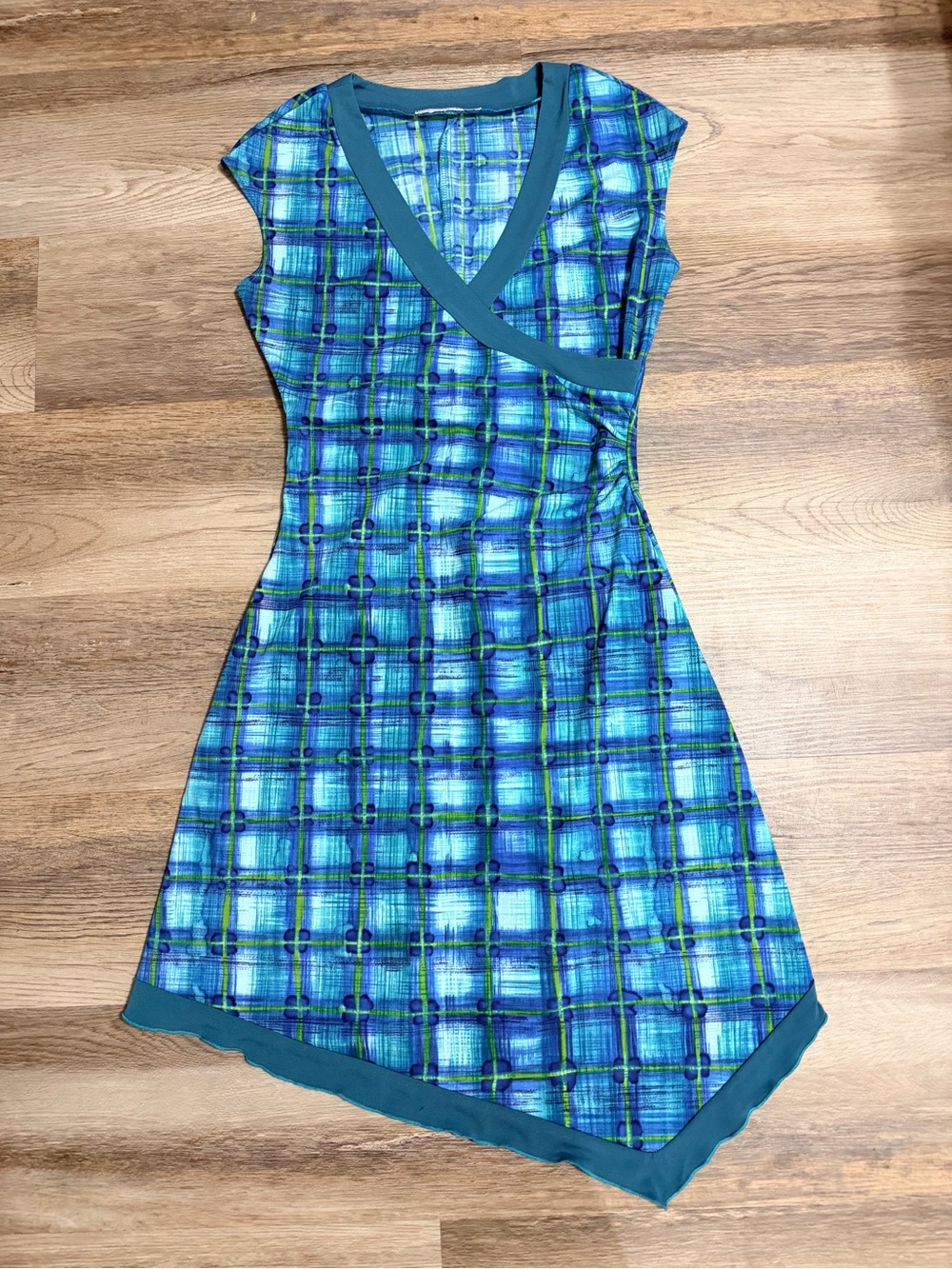 La Belle Teal and Blue Plaid Wrap-Style Mini Dress